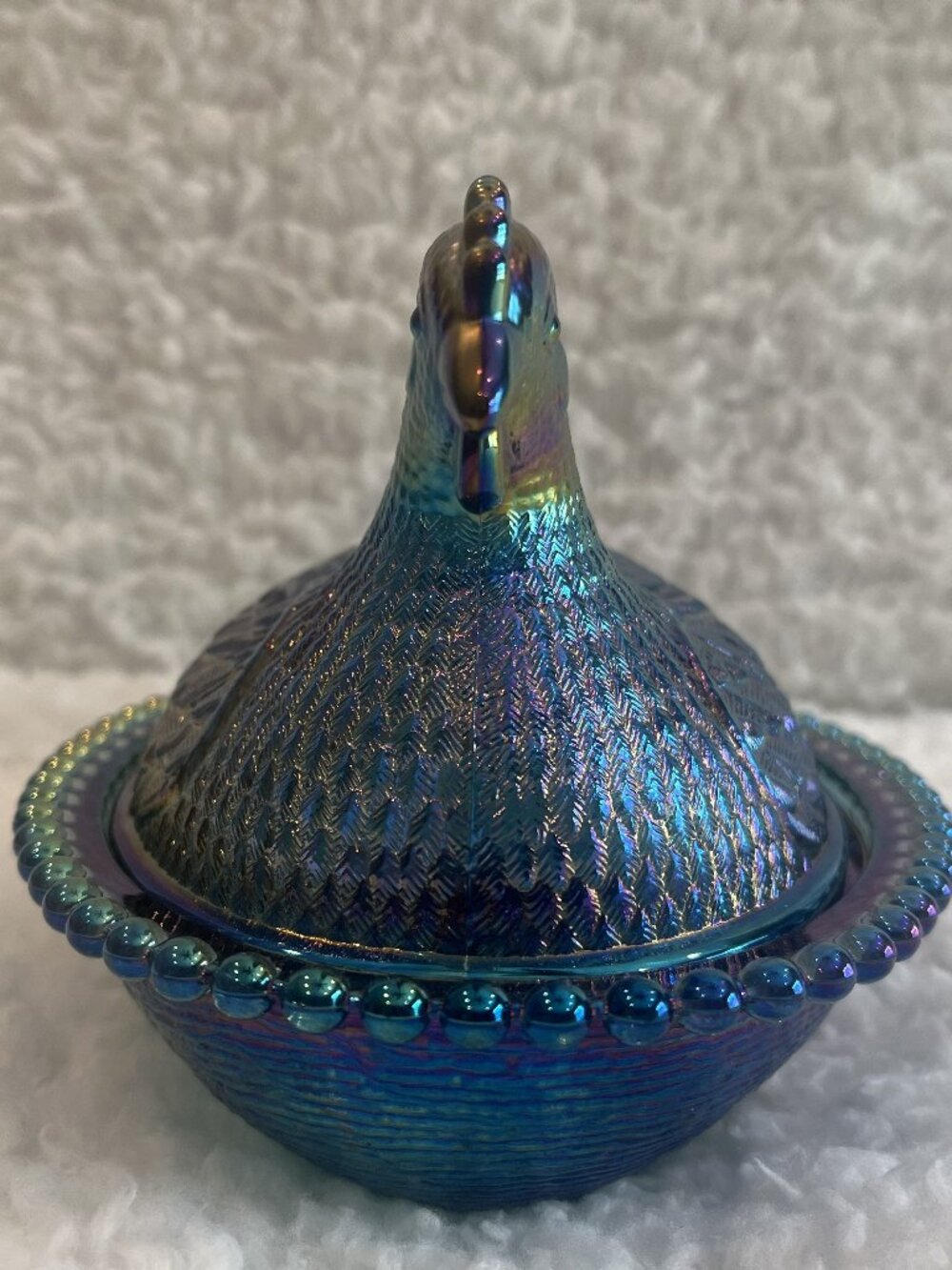 Indiana Glass Iridescent Carnival Blue Hen On Nest Covered Candy Dish 7" Vintage